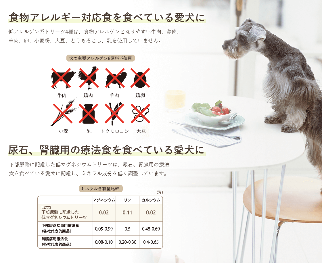 食物アレルギー対応食を食べている愛犬、尿石・腎臓用の療法食を食べている愛犬に